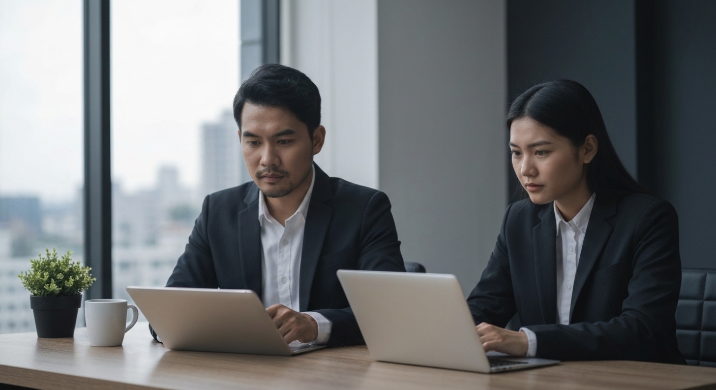 Dua profesional HR sedang berdiskusi sambil menatap layar laptop menganalisis data rekrutmen