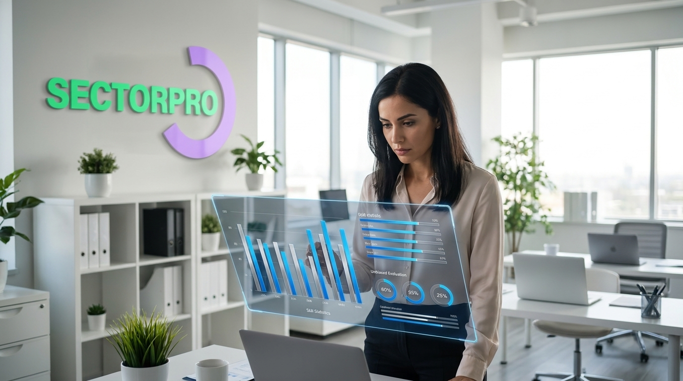 A medium shot captures a woman with shoulder-length dark hair, wearing a beige button-up shirt, standing in a bright, modern office, looking down at a transparent holographic display that is projecting blue and white bar charts and data above her open silver laptop.