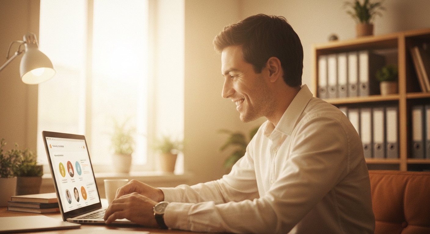 Smiling professional HR using a laptop for AI-driven recruitment