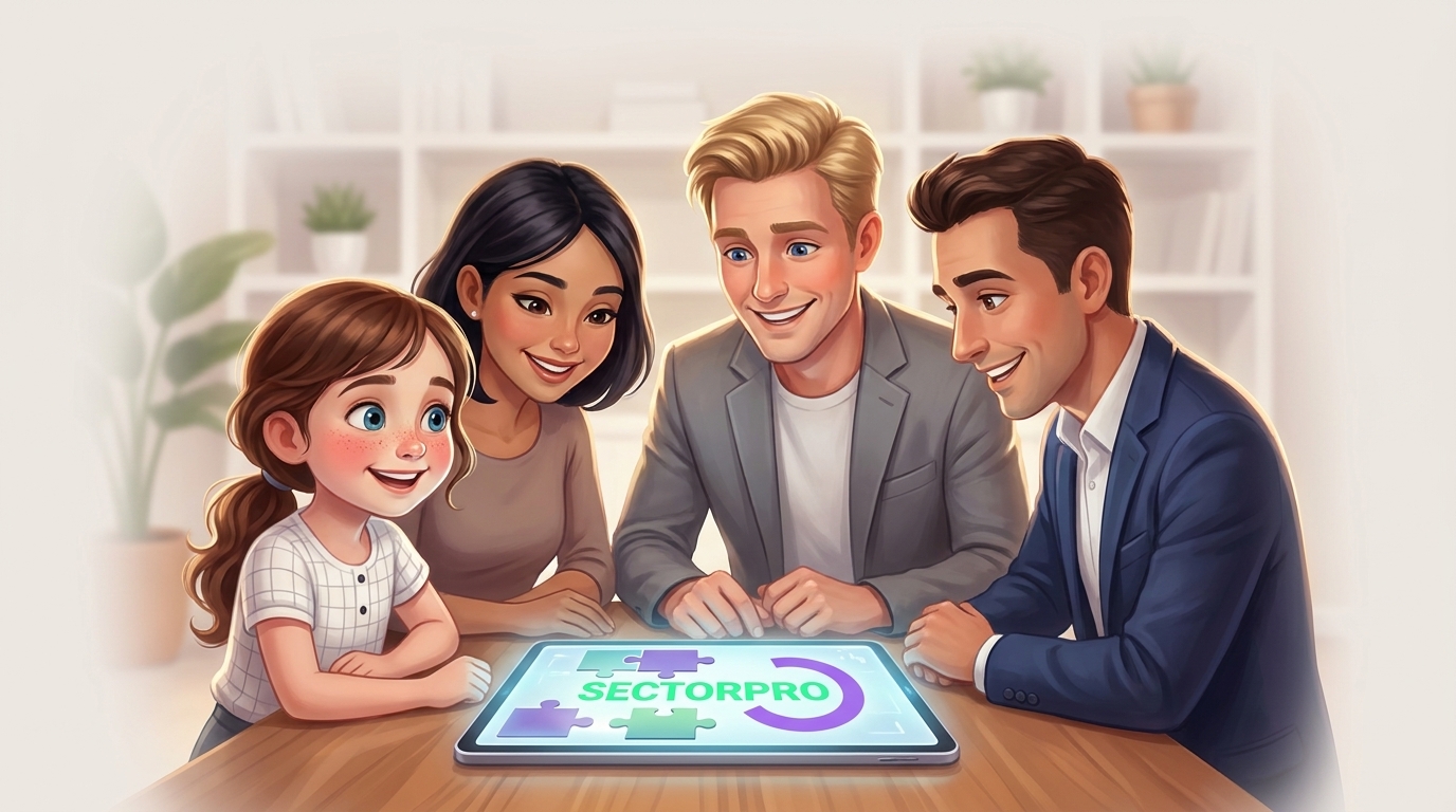 Group of diverse individuals gathered around a tablet displaying SECTORPRO