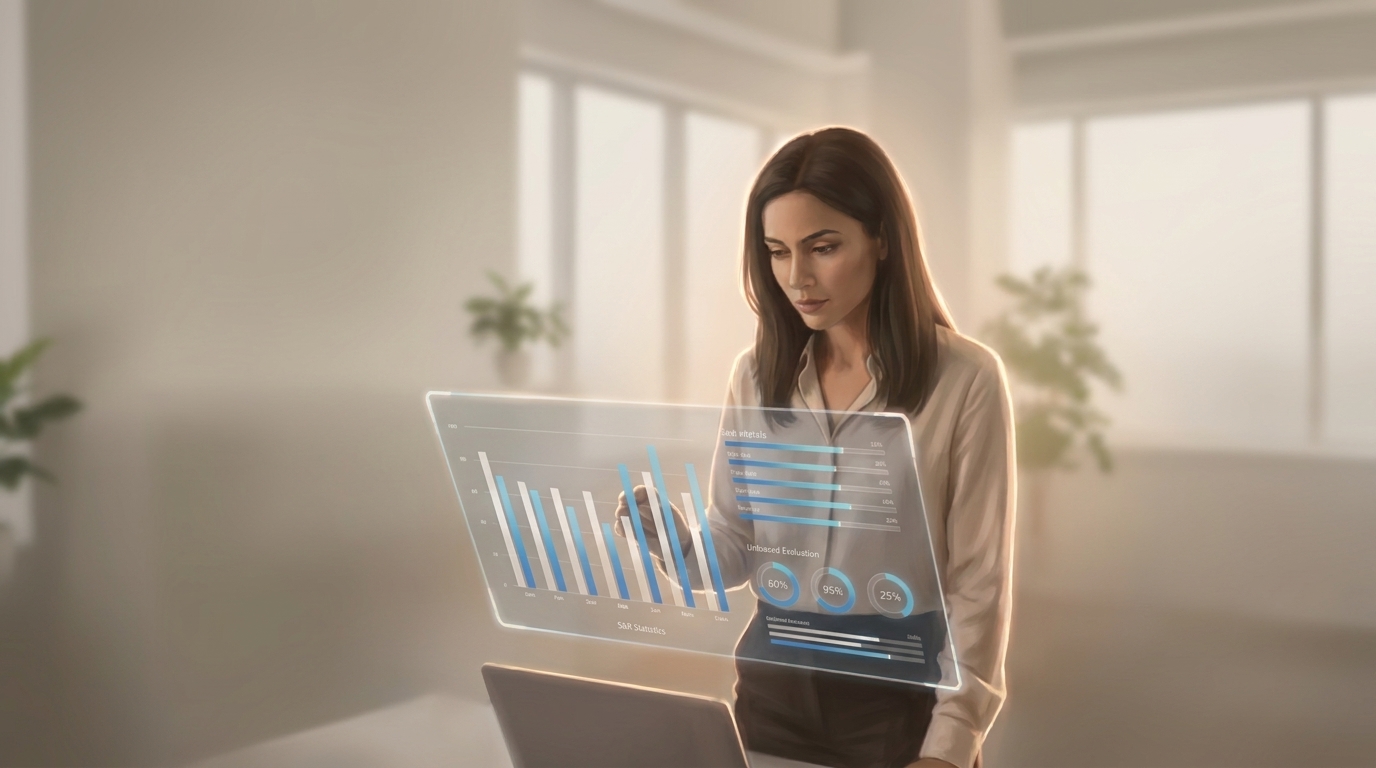 This image shows a woman with dark hair, dressed in a light-colored blouse, standing in a modern office setting. She is looking down at a transparent, futuristic holographic interface that projects upwards from a dark laptop placed on a white desk in front of her.