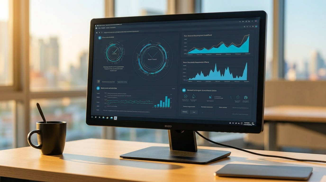 A photograph of a computer monitor displaying a dark-themed dashboard on a wooden desk. The monitor, an EIZO model, shows a complex array of data visualizations, including line graphs, bar charts, and two circular gauges with glowing blue-green accents.