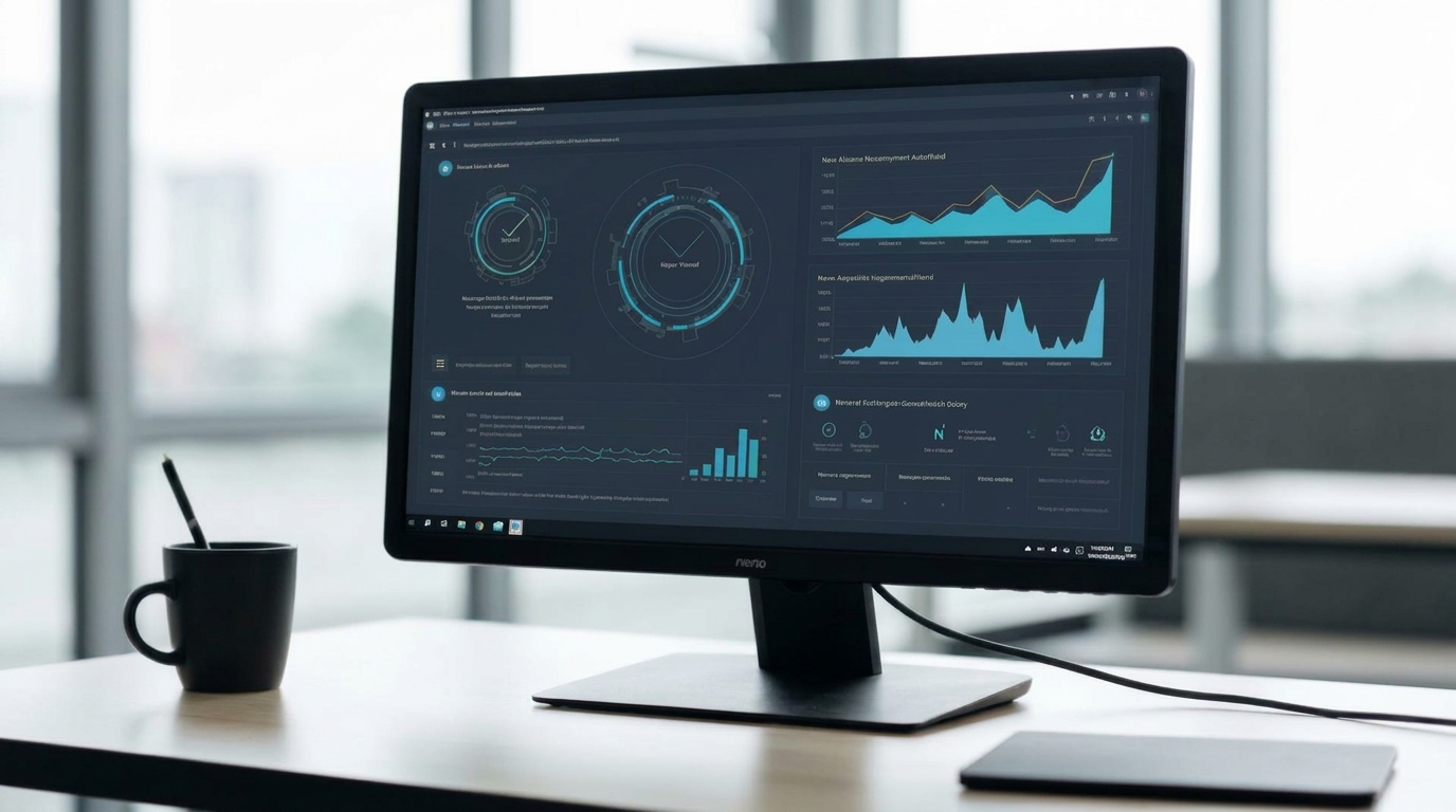 A photograph captures a dark desktop computer monitor, branded Neno, displaying a complex data dashboard. The dashboard, rendered in dark tones with blue and teal accents, features two large circular gauges on the left side, displaying various metrics.