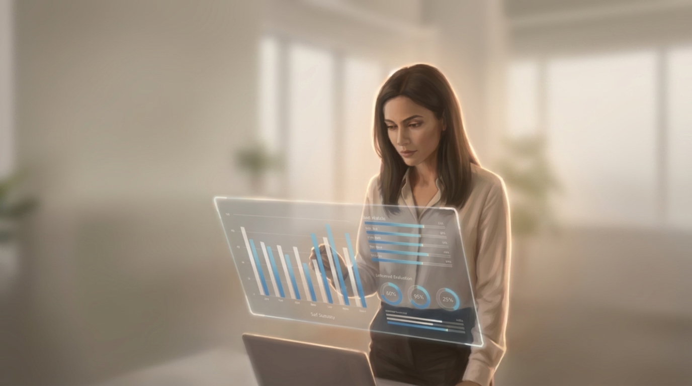 This image shows a woman standing in a modern office, interacting with a transparent holographic display that floats above a laptop.