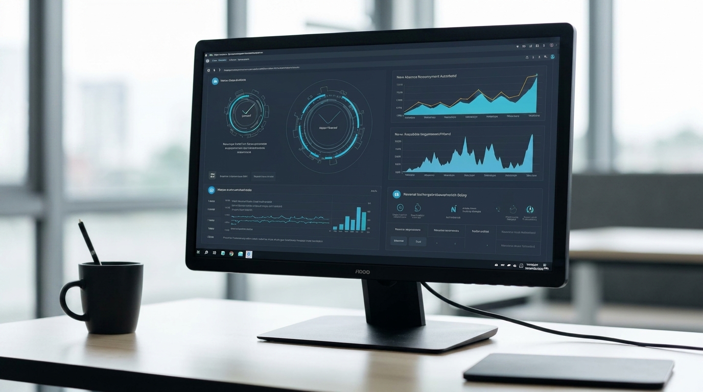 The image shows a close-up view of a modern computer setup on a light wooden desk. The central element is a black computer monitor displaying a dark-themed business intelligence dashboard with various data visualizations.