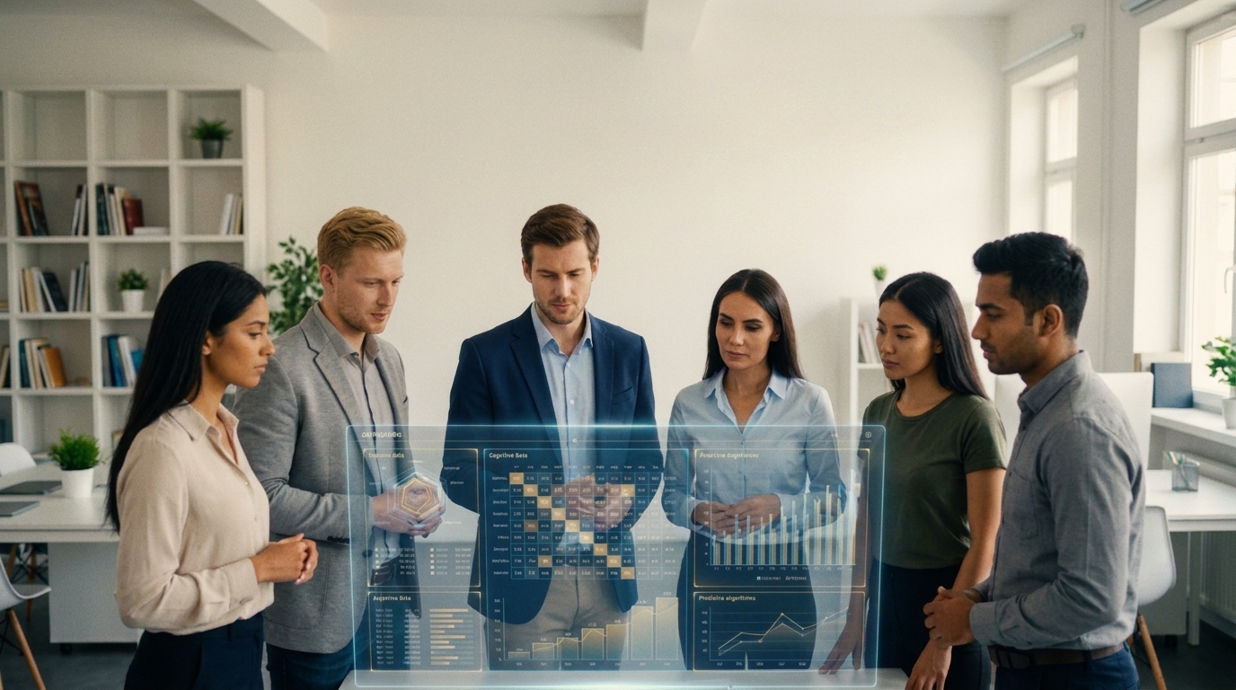 A diverse group of colleagues observing data on a holographic display with the SECTORPRO logo in a modern office