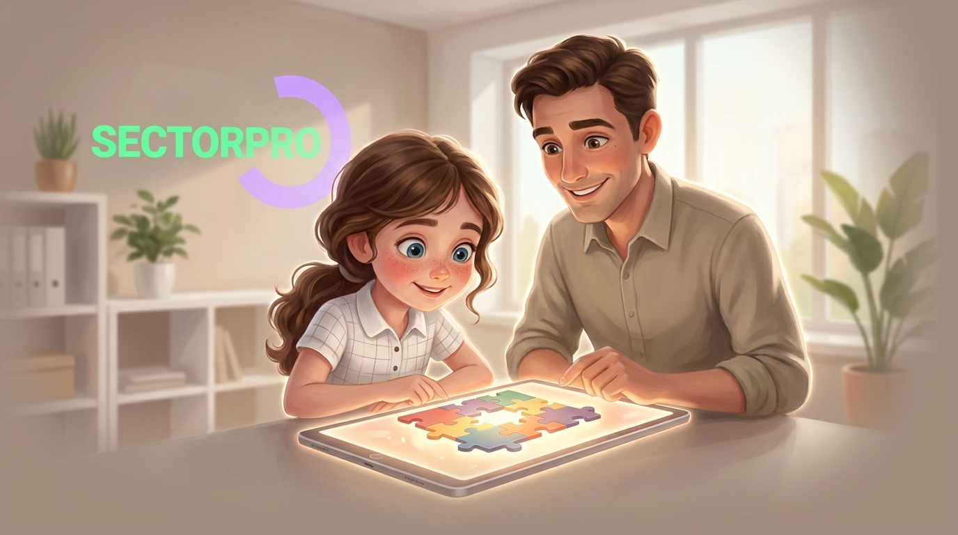 Ilustrasi animasi seorang pria dan wanita muda yang tersenyum ceria sambil berkolaborasi memecahkan teka-teki jigsaw digital di layar tablet, mencerminkan pendekatan asesmen interaktif dari SectorPro.
