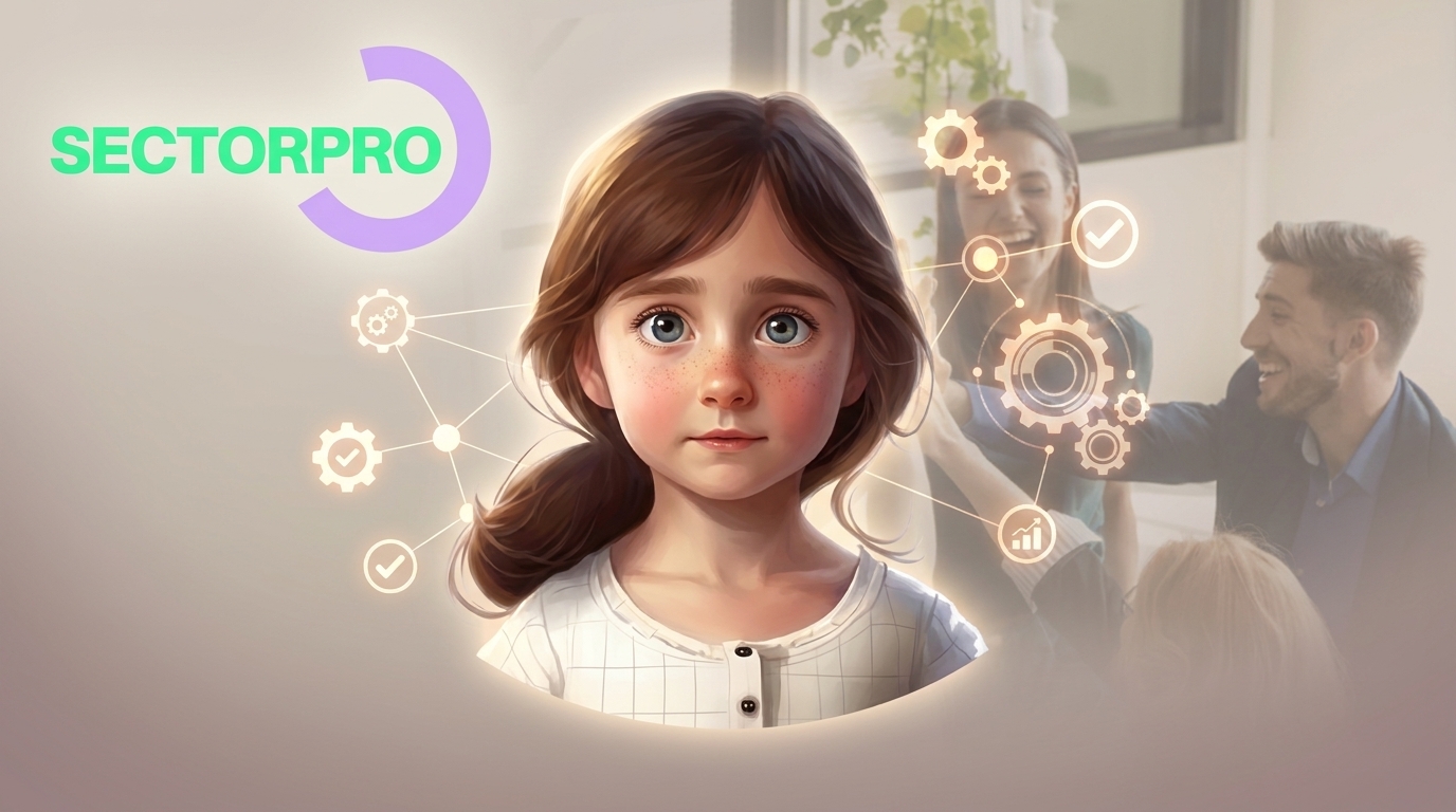 Ilustrasi seorang gadis di depan antarmuka digital dengan latar belakang profesional