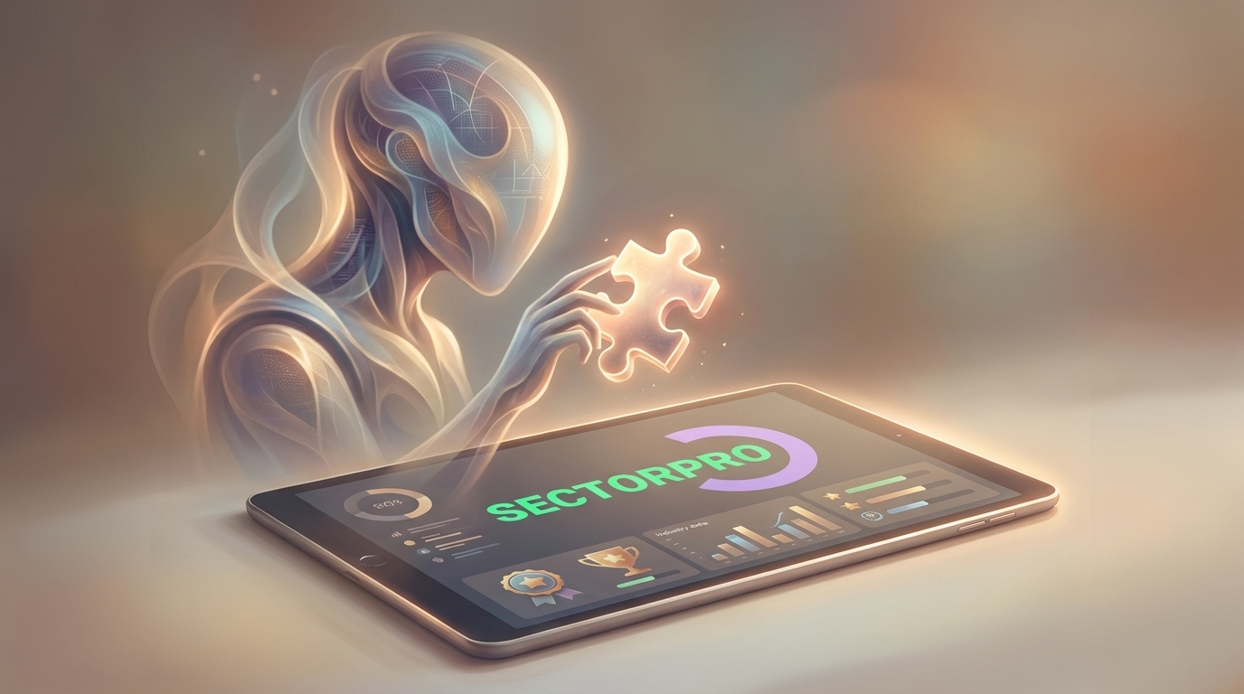 Tablet displaying SectorPro dashboard with glowing AI humanoid