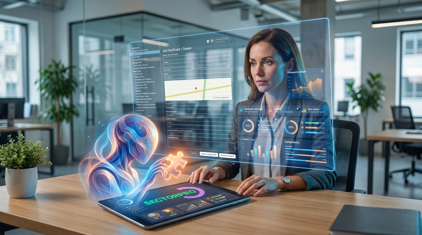 Seorang profesional HR sedang menganalisis data kompetensi pelamar secara objektif melalui proyeksi holografik cerdas